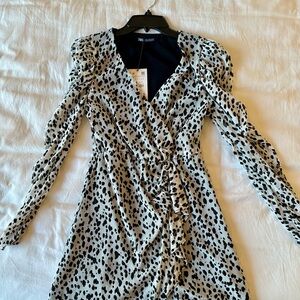 New with Tag Zara Long Sleeve Black and White Patterned Faux Wrap Dress